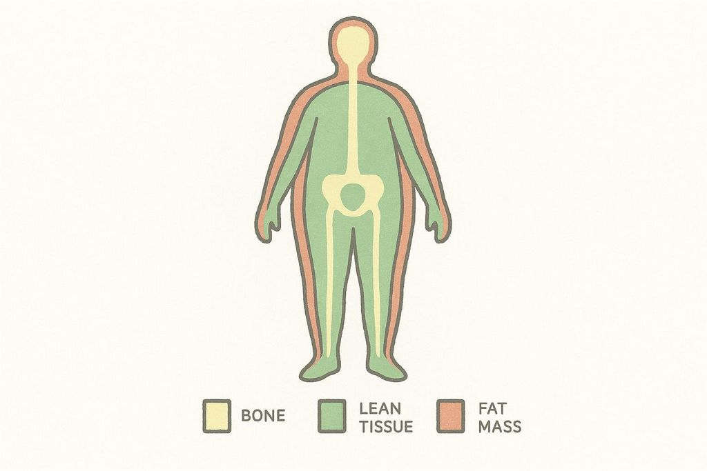 Abstract body outline showing regions indicating bone, lean tissue, and fat mass, representing a DEXA scan.