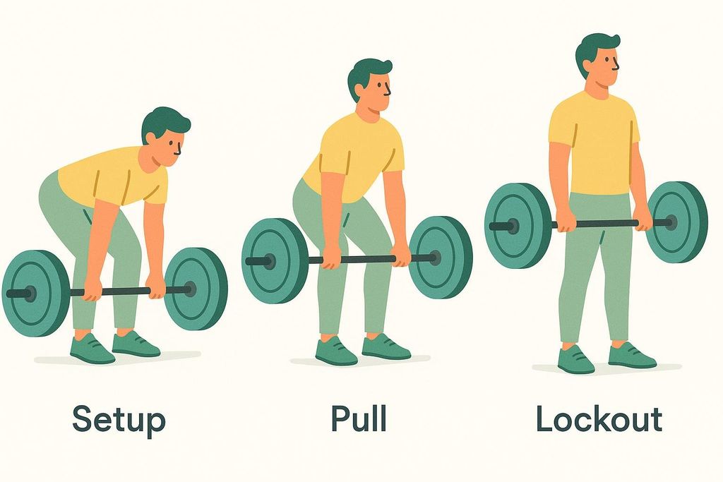 An illustration showing three phases of the deadlift exercise: setup, pull, and lockout. A person in a yellow shirt and green pants demonstrates each stage with a barbell.