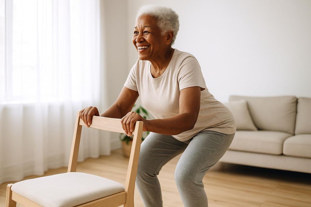 A smiling senior woman performs a chair-assisted squat in her living room, demonstrating a safe and effective low-impact exercise.