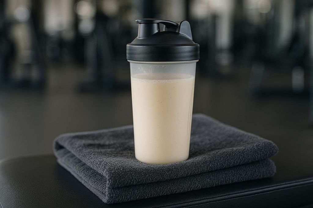 A protein shake in a clear bottle with a black lid, sitting on a folded gray towel. The setting appears to be a gym with blurred equipment in the background, suggesting workout recovery.