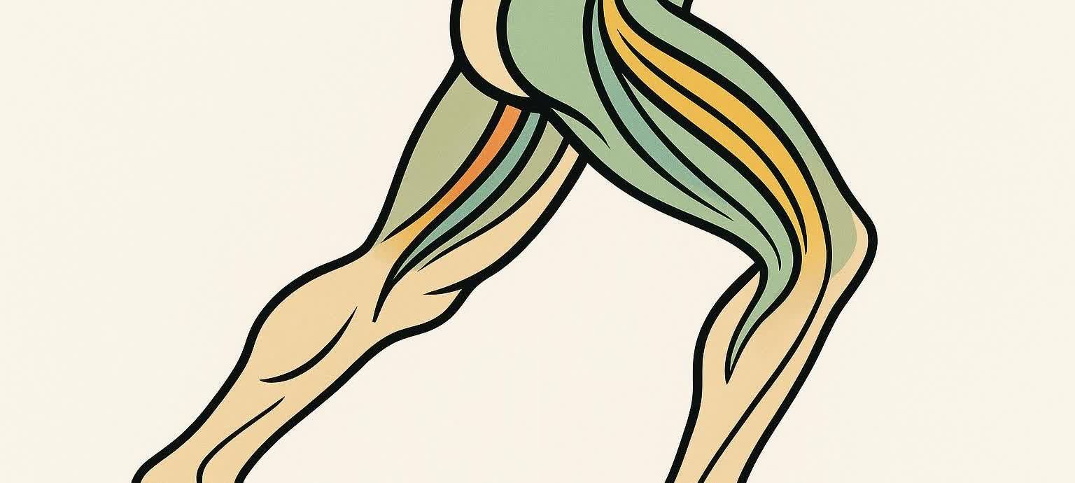 An abstract, stylized illustration of human legs, highlighting the muscles of the upper leg and buttock area with bands of different colors representing muscle energy.