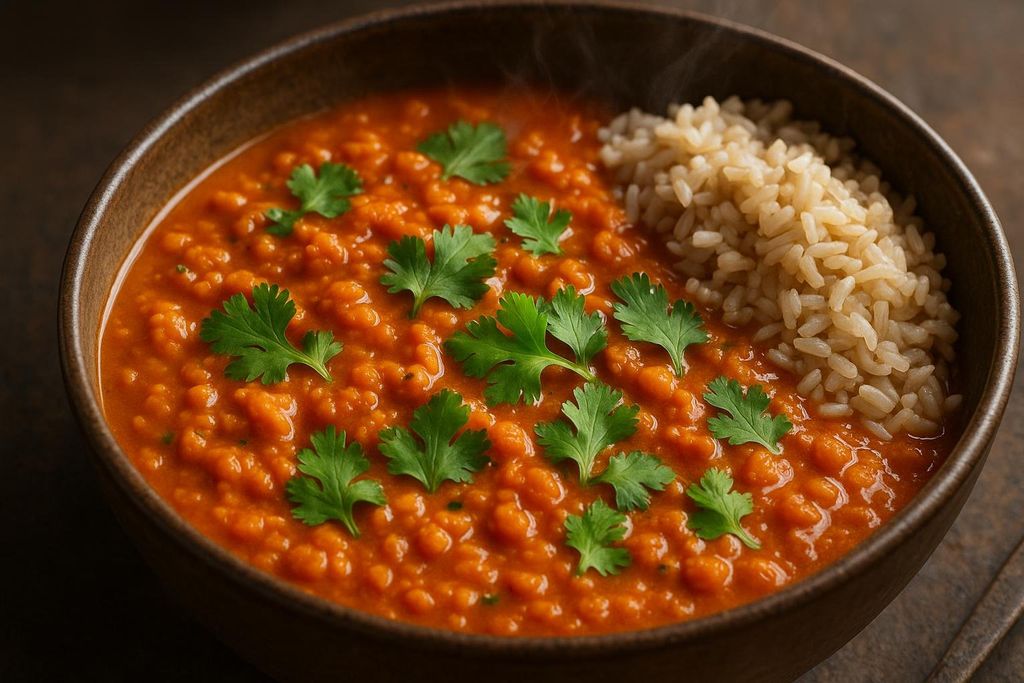 A close-up view of a bowl containing vibrant orange red lentil curry, garnished with fresh green cilantro leaves, and served alongside a portion of fluffy brown rice. Steam gently rises from the hot meal.