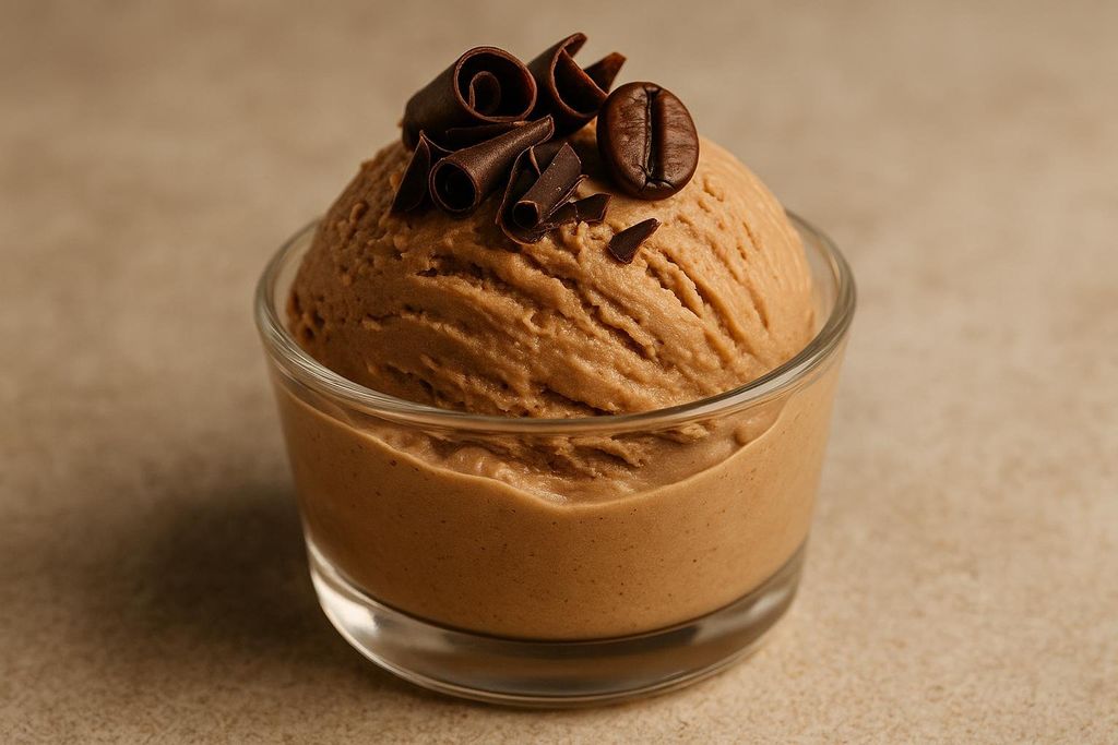 A scoop of mocha-colored protein ice cream in a small glass dish, garnished with dark chocolate curls, chocolate shavings, and a whole coffee bean on top.