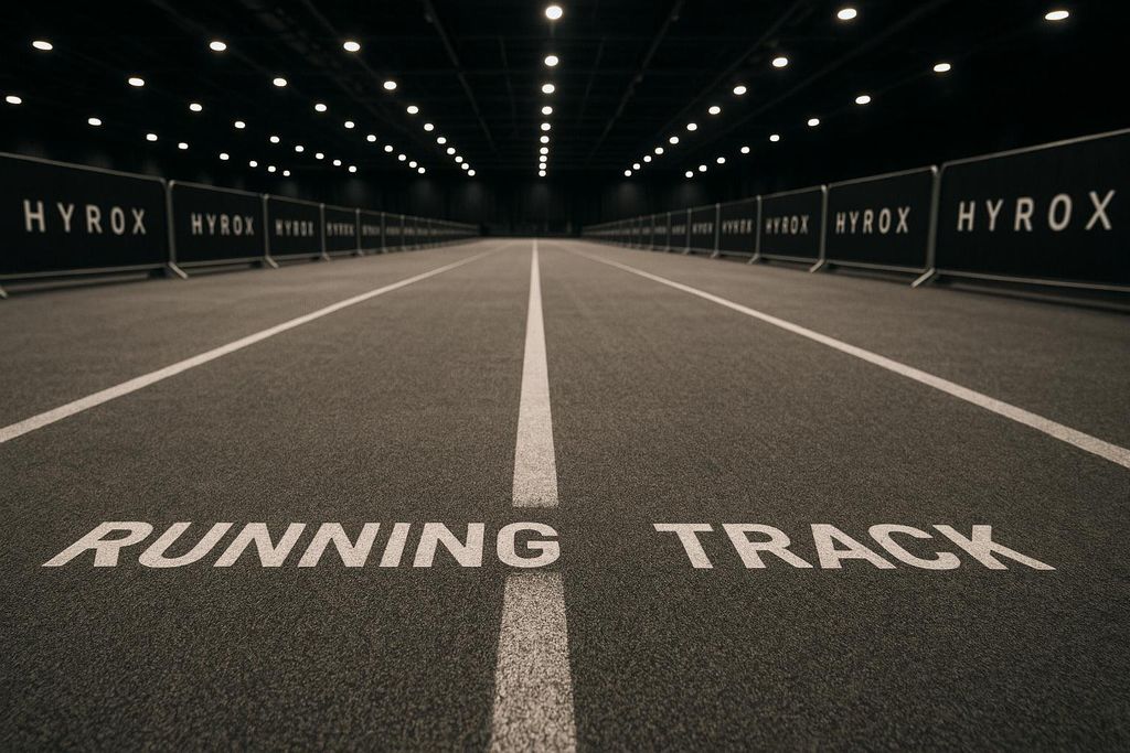 Indoor HYROX running track surface with bright lights overhead. The words "RUNNING TRACK" are painted on the track.