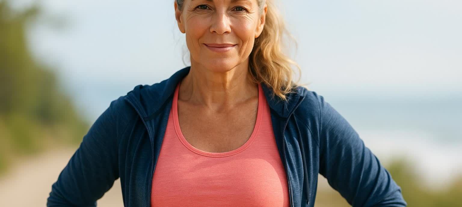 A confident, healthy woman in her 50s, representing a positive perspective on mid-life and HRT.