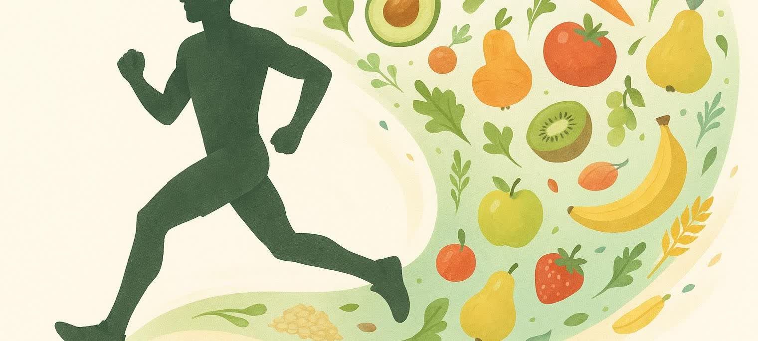 Illustration of a runner leaving a variety of healthy foods in their wake, including fruits, vegetables, and grains. The runner is a dark green silhouette against a light background, and the foods are depicted in bright, inviting colors.