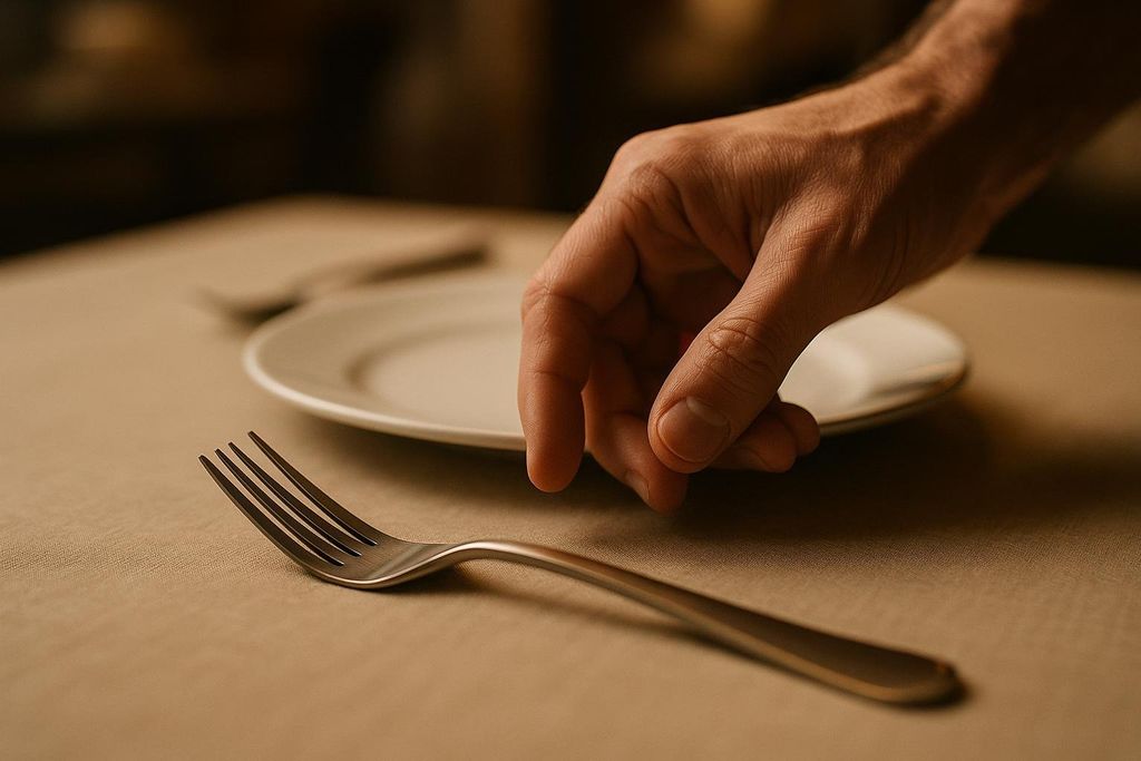 A close-up of a hand reaching towards a fork lying on a beige tablecloth next to an empty white plate. The background is dimly lit and out of focus.