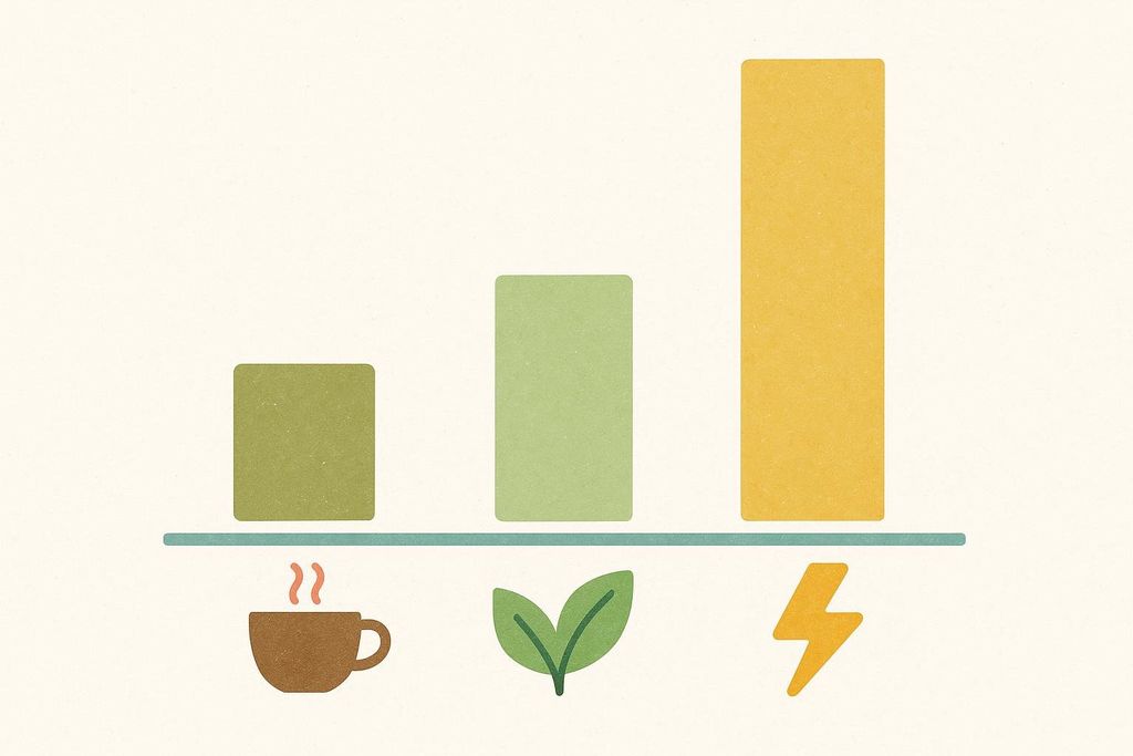 A bar chart comparing the relative caffeine content of coffee (left, medium green bar), tea (middle, light green bar), and energy drinks (right, yellow bar). The coffee is represented by a steaming mug, tea by leaves, and energy drinks by a lightning bolt, with energy drinks having the highest caffeine content.