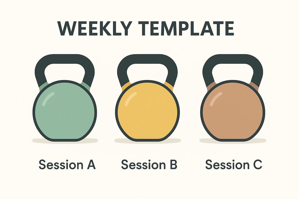An illustration showing three colorful kettlebells labeled 'Session A', 'Session B', and 'Session C', under the title 'WEEKLY TEMPLATE'. The kettlebells represent three different workout sessions.