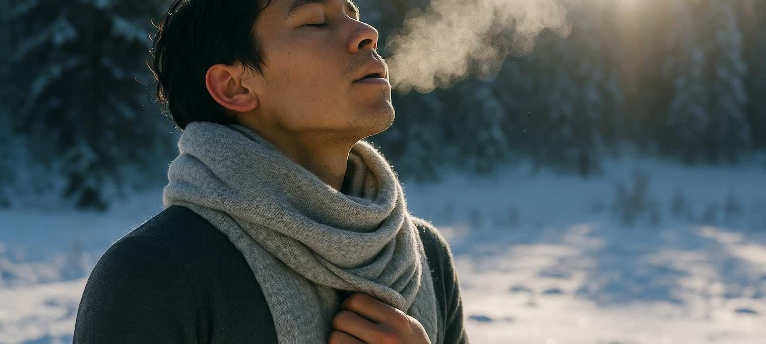 A man wearing a grey scarf breathes out visible vapor in a snowy, sunlit forest. His eyes are closed and he appears to be deeply inhaling.