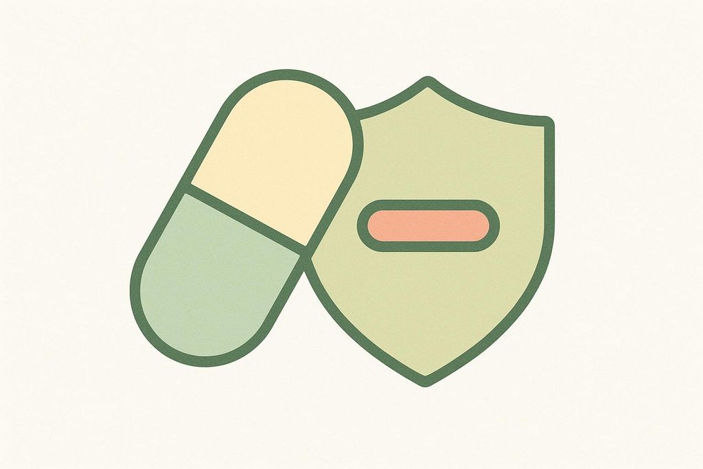 An illustration of a light green and yellow pill next to a light green shield icon with a peach-colored dash inside it. This image represents either medication with protection or safe medication.