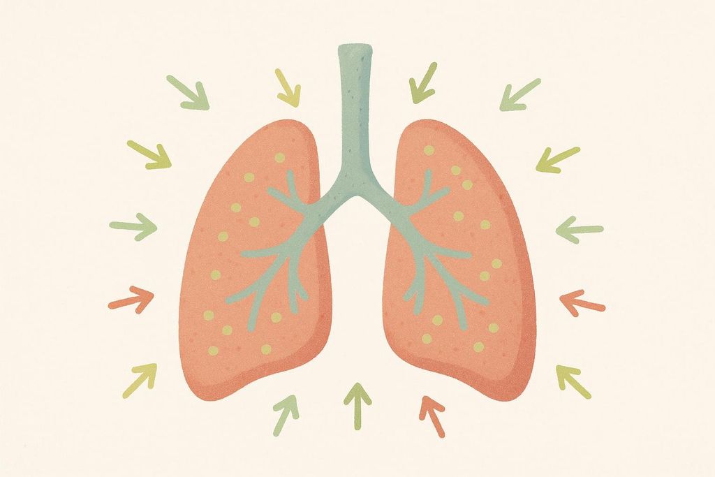 An illustration of human lungs with arrows pointing inwards and outwards, representing absorption. The lungs are orange with green dots, and the bronchi are blue.