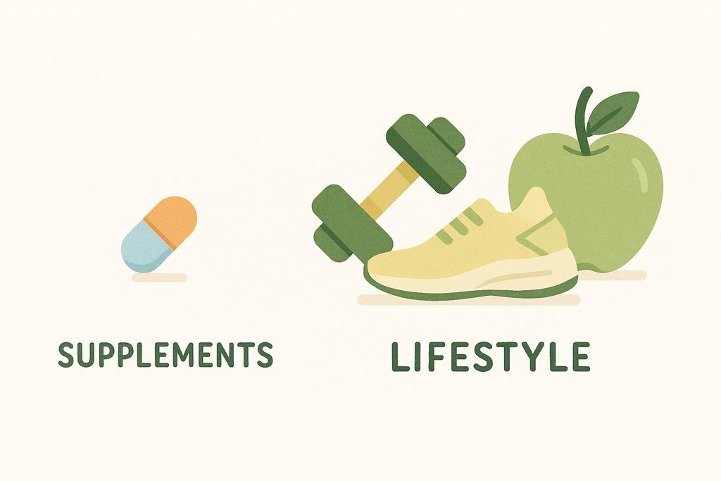 An illustration showing a small pill labeled 'SUPPLEMENTS' on the left, and a larger group of items including an apple, a dumbbell, and a running shoe labeled 'LIFESTYLE' on the right. This visually suggests that lifestyle habits are more impactful than supplements.