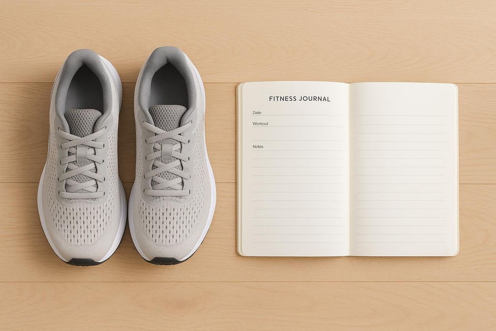 A pair of light gray running shoes sits on the left side of a light wooden surface, next to an open fitness journal. The journal has fields for 'Date', 'Workout', and 'Notes'.