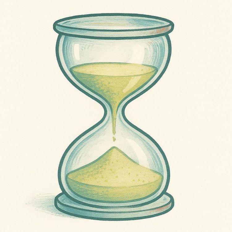 An illustration of an hourglass with green sand sifting from the top bulb to the bottom, representing the passing of time.
