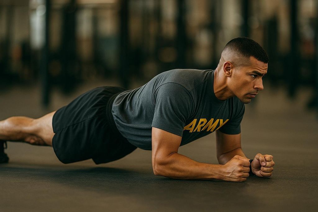 A male soldier in a dark grey 'ARMY' t-shirt and black shorts performs a plank exercise on a dark gym floor. He maintains a straight body position, resting on his forearms and toes, with a focused expression.