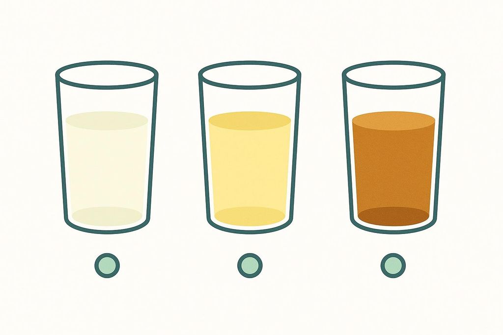 An illustration of three glasses depicting different urine colors: pale yellow for well-hydrated, standard yellow for normally hydrated, and dark amber for dehydrated.