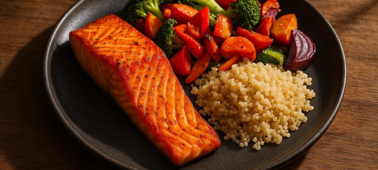 A close-up shot of a single serving meal featuring grilled salmon with a crispy skin, a portion of fluffy quinoa, and a colorful mix of roasted vegetables including broccoli, carrots, red peppers, zucchini, and red onion, all served on a dark ceramic plate.
