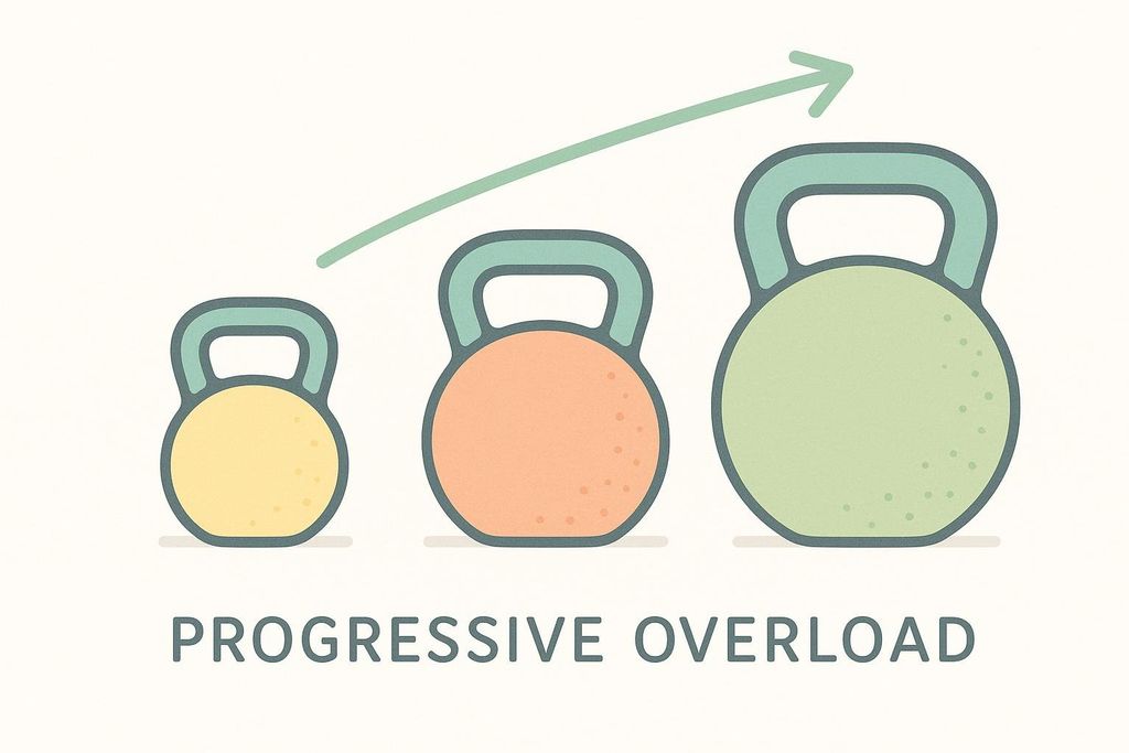 An illustration depicting progressive overload, showing three kettlebells of increasing size from left to right, representing the concept of gradually increasing resistance over time. An upward arrow points from the smallest to the largest kettlebell. The words 'PROGRESSIVE OVERLOAD' are written below the kettlebells.