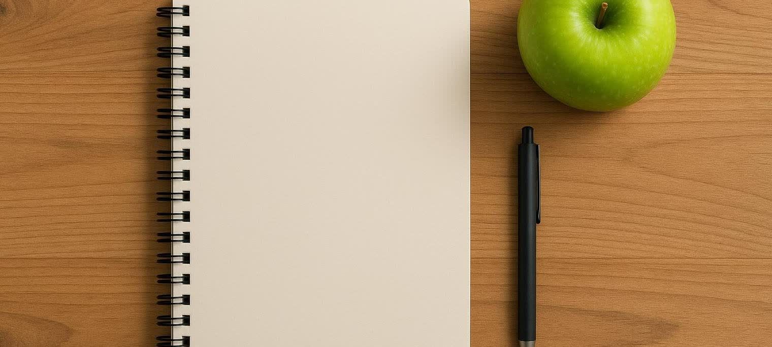 A flat lay of a blank spiral-bound notebook and a black pen on a wooden desk. A green apple is visible in the top right corner.
