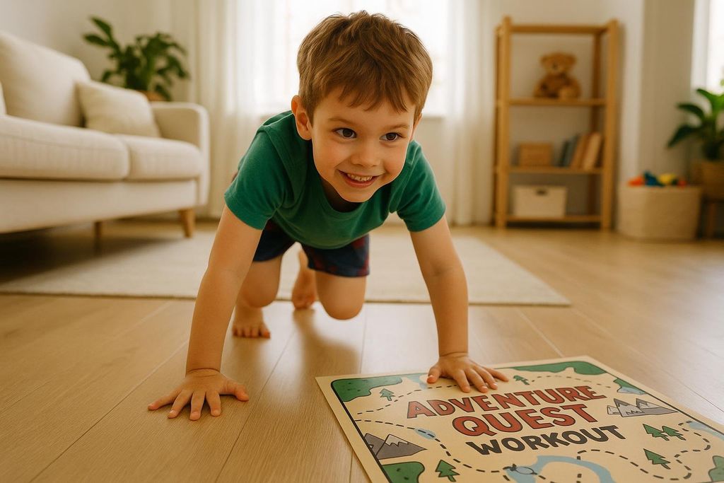 A young boy in a green shirt smiles happily while doing a bear crawl on a light wooden floor, with a mat titled 'Adventure Quest Workout' in front of him.