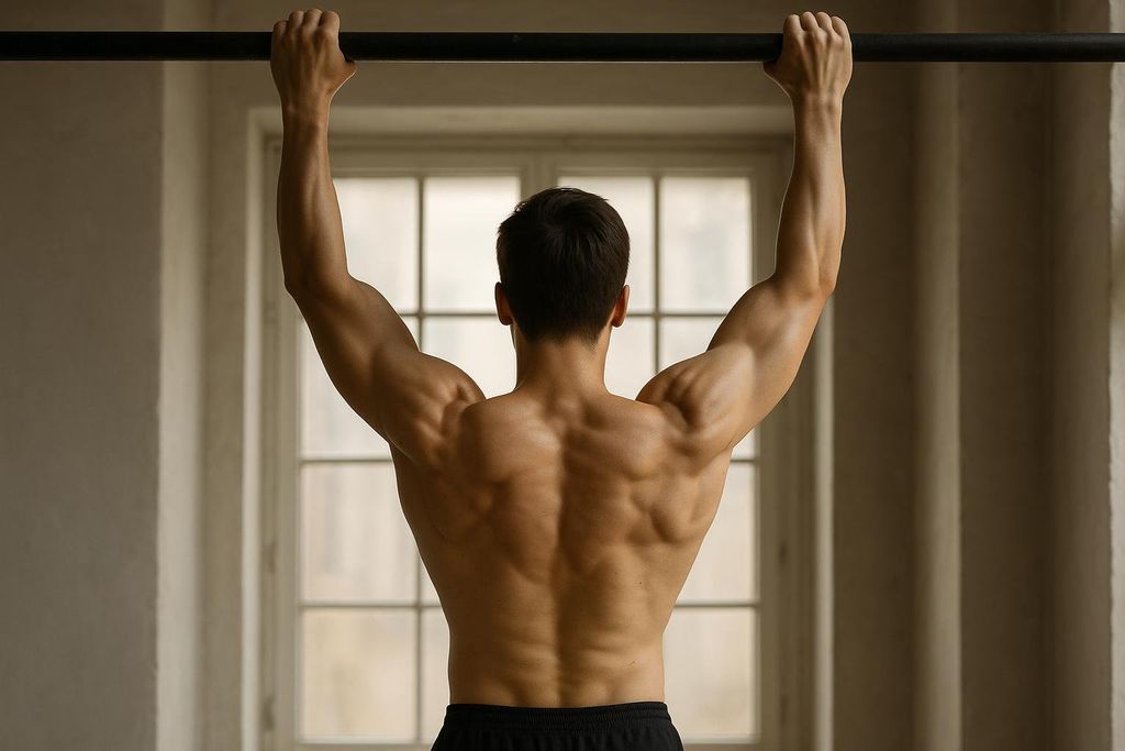 A view of a person's back while doing a dead hang, highlighting the engagement of the upper-back and lat muscles for endurance.