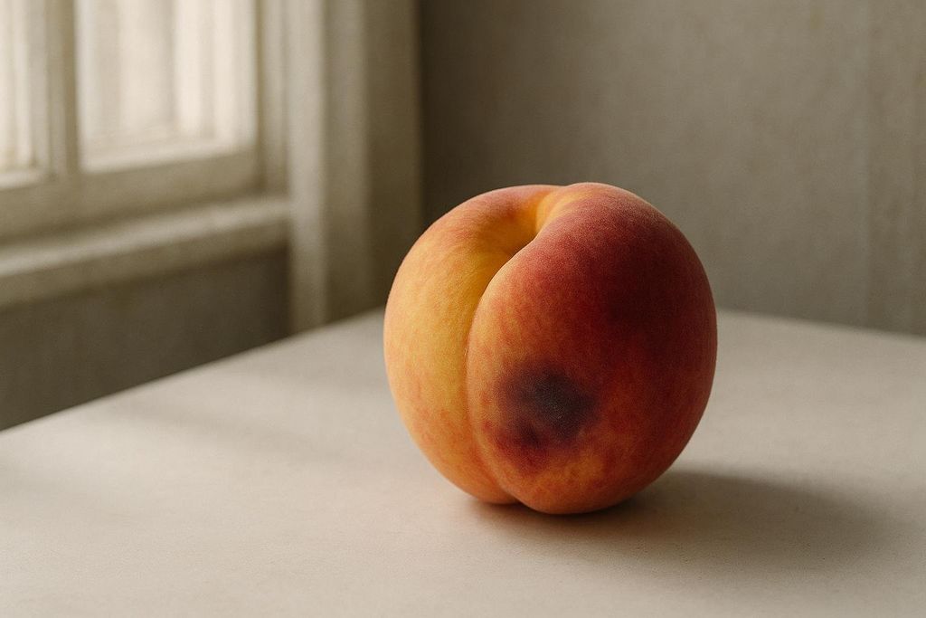A ripe peach with a dark bruise on its side, resting on a light-colored surface with a blurred window in the background.