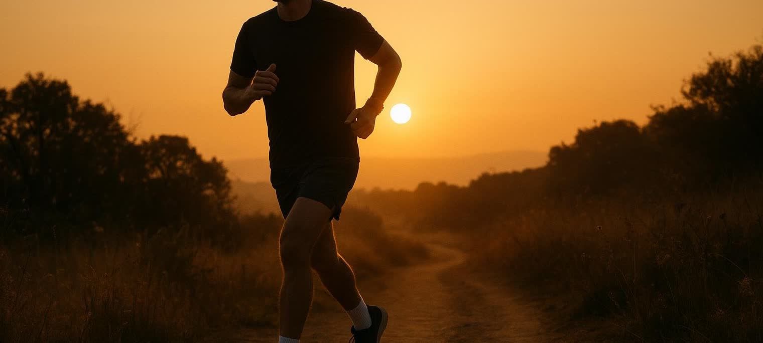 A person, silhouetted in black shorts and a t-shirt, runs on a winding dirt path amidst dark trees, with the bright orange sun rising in the background. The path curves through the frame, hinting at a peaceful, natural setting for morning exercise.