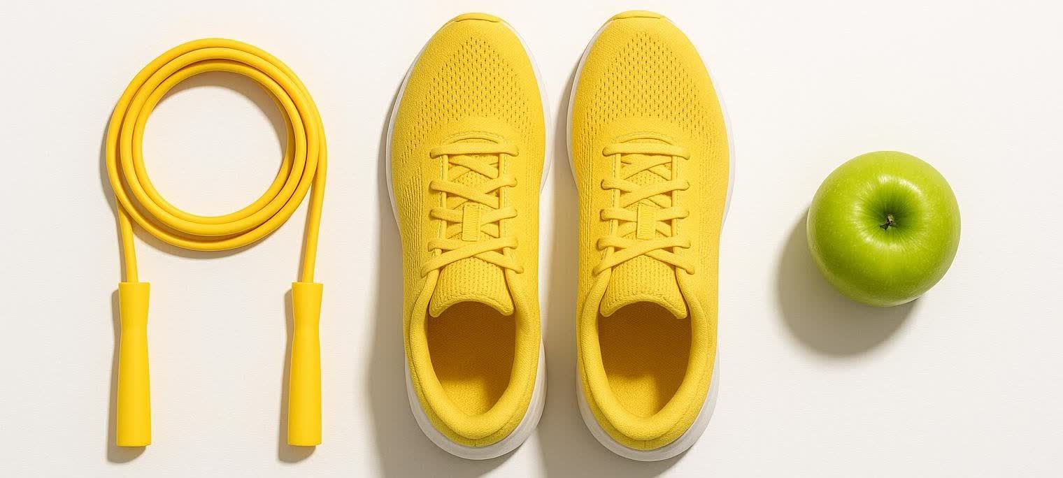 A vibrant yellow jump rope, a pair of matching yellow running shoes, and a crisp green apple are neatly arranged on a white background, symbolizing health and fitness.