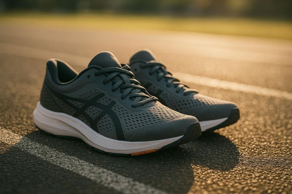 A pair of gray Asics running shoes with white soles resting on a dark asphalt surface with faint white lines, likely a running track or road. The lighting is warm, suggesting sunrise or sunset.