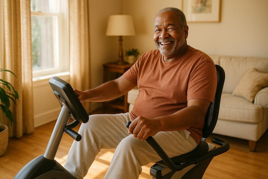 A smiling older adult man is seen exercising on an indoor recumbent bike, demonstrating a joint-friendly cycling option for fat loss. He is wearing an orange t-shirt and light-colored pants. The background shows a living room setting with a window, a lamp, and a sofa.