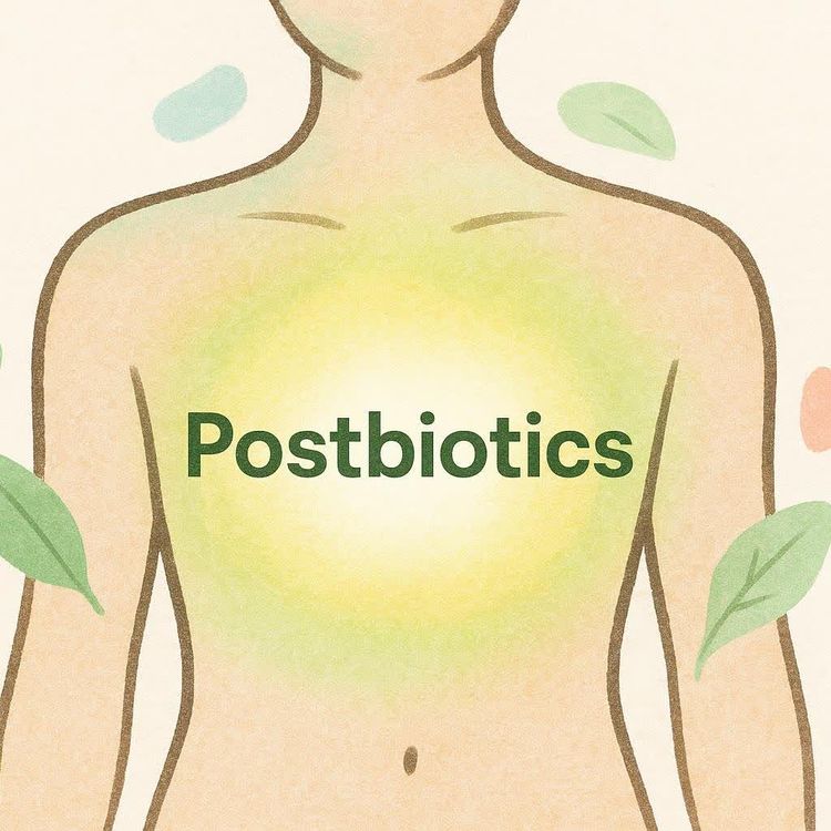 An illustration of a human torso outline with a glowing green center, where the word 'Postbiotics' is written in dark green. Small green and light blue leaves are scattered around the torso.