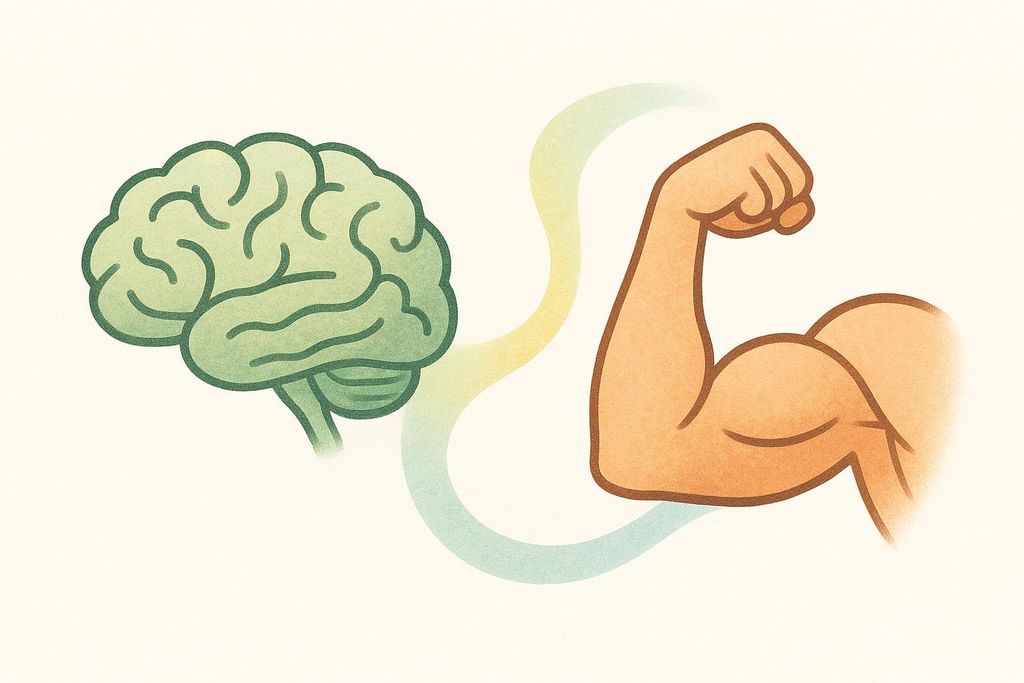 An illustration showing a green brain on the left and a flexed bicep on the right, connected by a wavy, gradient line that changes from yellow to teal, symbolizing the connection between brain health and muscle health.