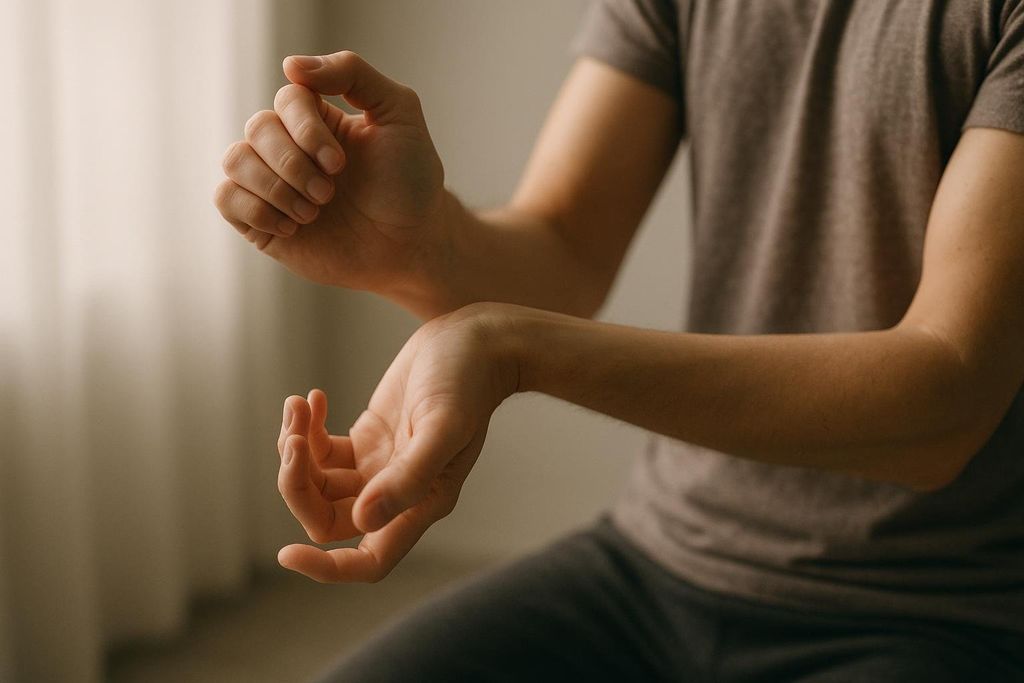 A close-up shot of a person's hands as they perform gentle wrist circles, likely as a warm-up exercise.