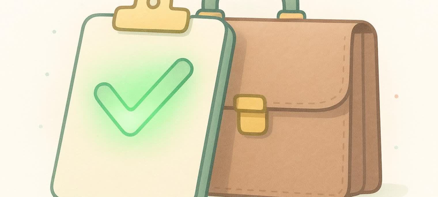 Illustration of a clipboard with a bright green checkmark placed on top of a brown briefcase with a gold clasp. The background is a neutral off-white with subtle, scattered dots.