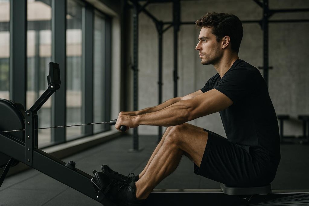Side profile of a man in athletic wear using a rowing machine in a gym setting. He is actively pulling the handle towards him, with focused expression, indicating an ongoing workout.