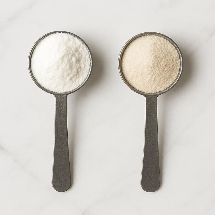 Overhead view of two measuring spoons on a white marble surface. The left spoon holds white whey powder, and the right spoon holds pale beige collagen powder.