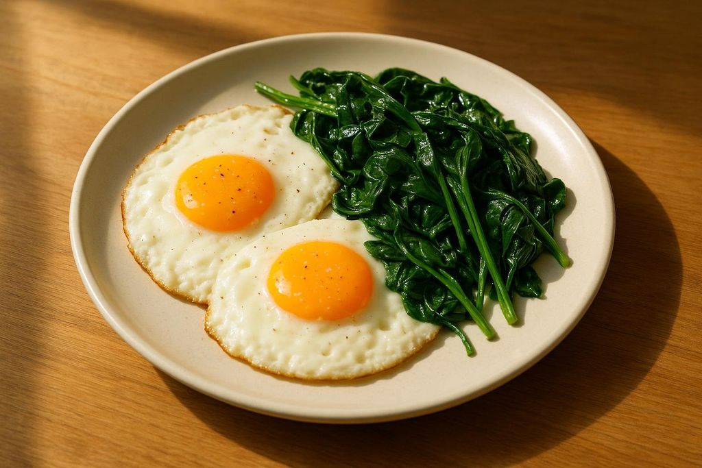 Two sunny-side up fried eggs with black pepper next to a pile of steamed spinach on a light-colored plate. The plate sits on a wooden surface, with a shadow cast across part of the table.