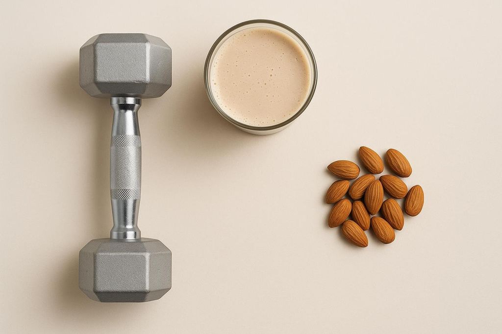 A gray dumbbell, a glass of protein shake, and a small pile of almonds, arranged on a light background. This image symbolizes strength training and high-protein nutrition.