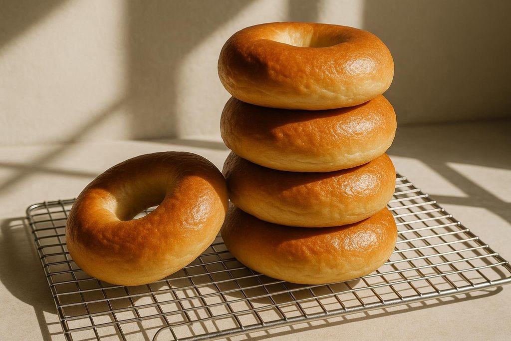 A stack of four golden-brown bagels sits on a metal cooling rack next to a single bagel. Sunlight creates shadow patterns on the light background.