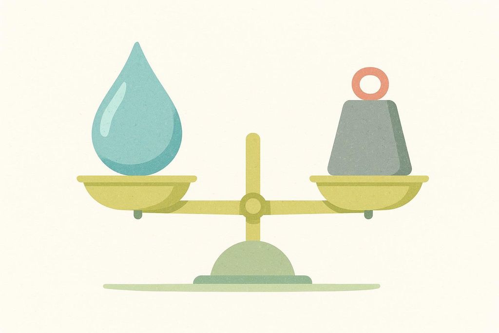 An illustration of a classic balance scale. On the left pan is a large blue water droplet. On the right pan is a gray weight with an orange loop at the top, typically used for weighing. The two sides appear balanced, indicating equal weight.