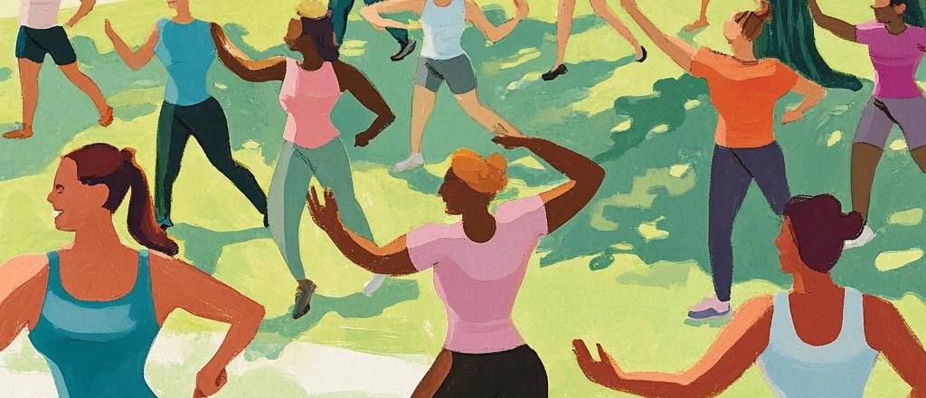 An illustration of a group of diverse women running in a park with sunlight filtering through trees.