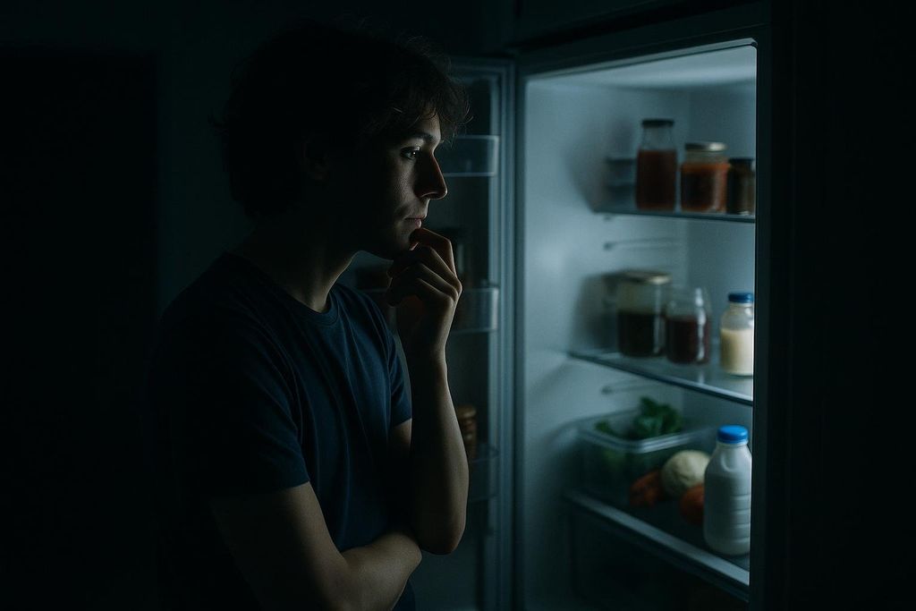 A young person with dark hair, dimly lit, looking thoughtfully into an open refrigerator at night. The refrigerator interior is lit, revealing various jars, bottles, and some produce.