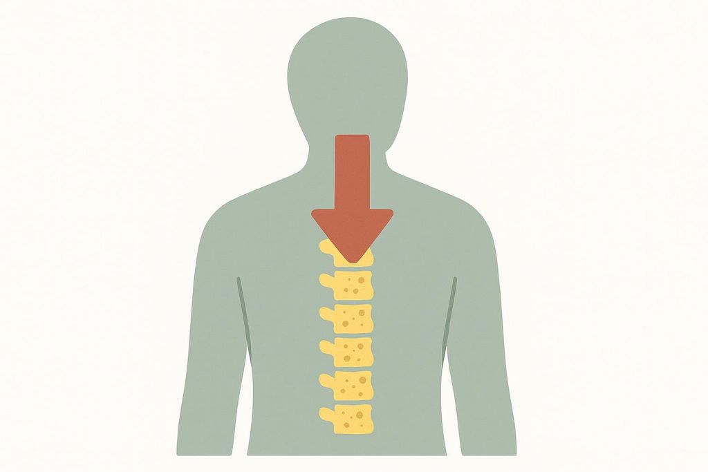 Icon of a person with a downward red arrow pointing to their upper spine, which shows several vertebrae appearing porous and discolored yellow, symbolizing risk factors for osteoporosis or spinal compression.