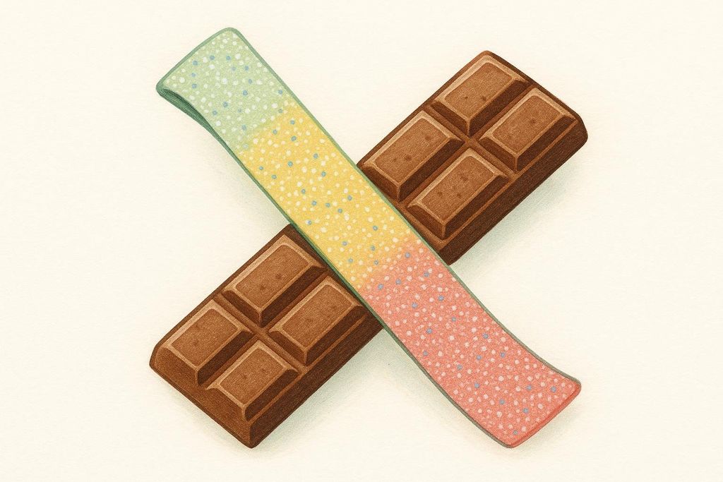 Illustration of a chocolate bar and a sour strawberry strip