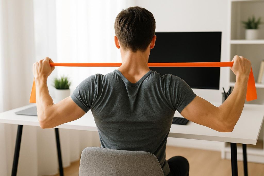 A person viewed from behind performing a resistance band pull-apart at their desk to improve posture, with an orange resistance band stretched behind them.