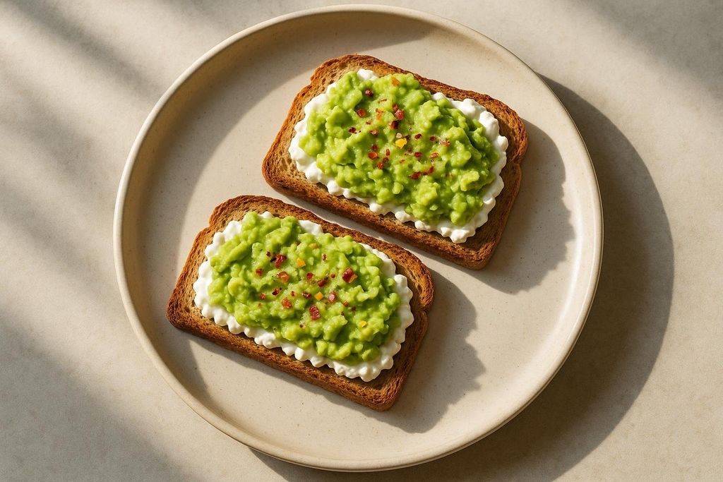 An overhead shot of two slices of avocado toast on a light-colored plate. Each slice of toasted bread is topped with creamy white cottage cheese, a layer of mashed avocado, and sprinkled with red pepper flakes.