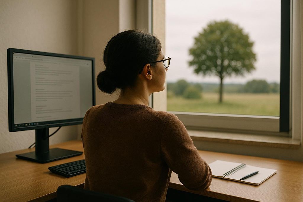 A person with dark hair pulled back, wearing glasses and a brown sweater, is seated at a wooden desk, looking out a window. To their left is a computer monitor displaying text. On the desk to their right is an open spiral-bound notebook and a pen. Outside the window, a green tree stands in a field under a cloudy sky.