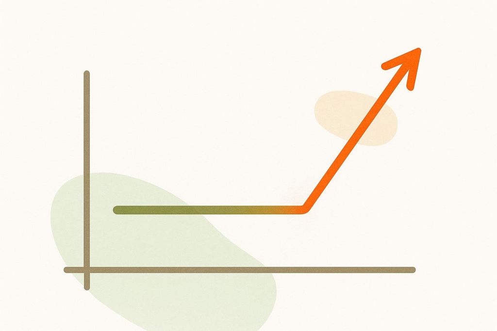 A line graph showing a training plateau followed by a sharp upward trend, representing a breakthrough from strength stagnation. The graph features a brown x and y axis. A horizontal green line depicts the plateau, transitioning into a steep orange upward line with an arrow at its end, symbolizing growth. Light green and peach amorphous shapes are in the background, adding a subtle texture.