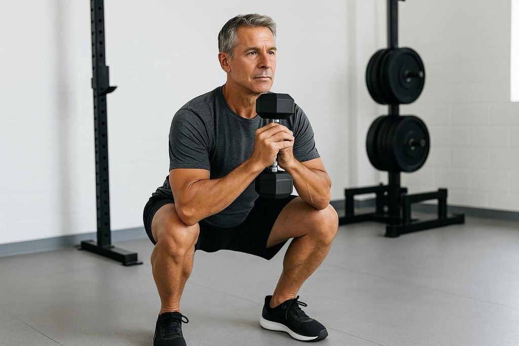A fit man in his 50s demonstrates a goblet squat holding a dumbbell in a gym, with focus on his form and the weights in the background.